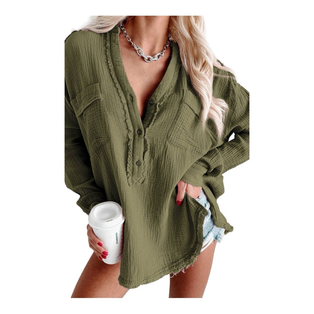 Crinkle Long Sleeve Split Henley